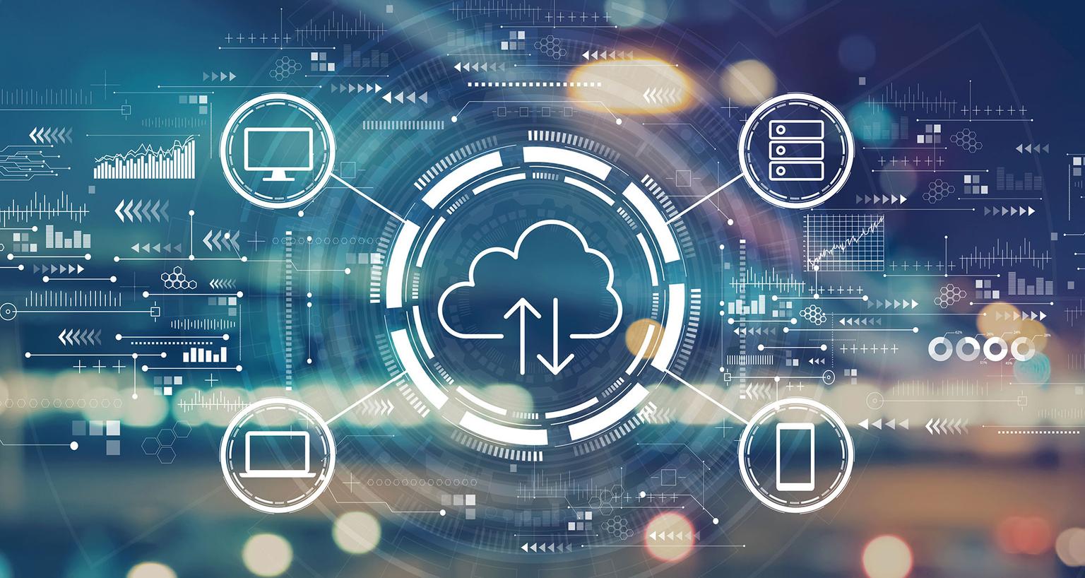 Computers, smartphones and servers connected to the cloud in an illustration.