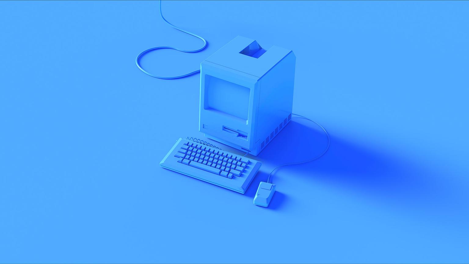 Blue vintage computer on a blue background.