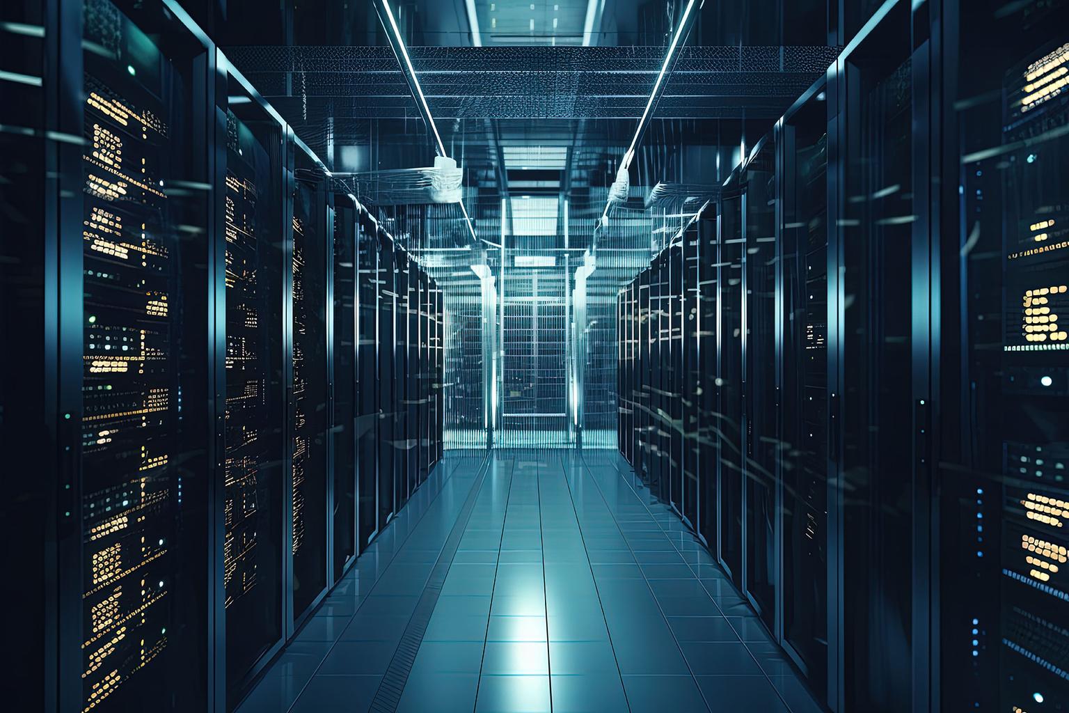 Servers in a dark data center.