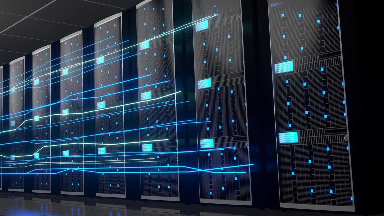 Data center illustration with multiple servers.