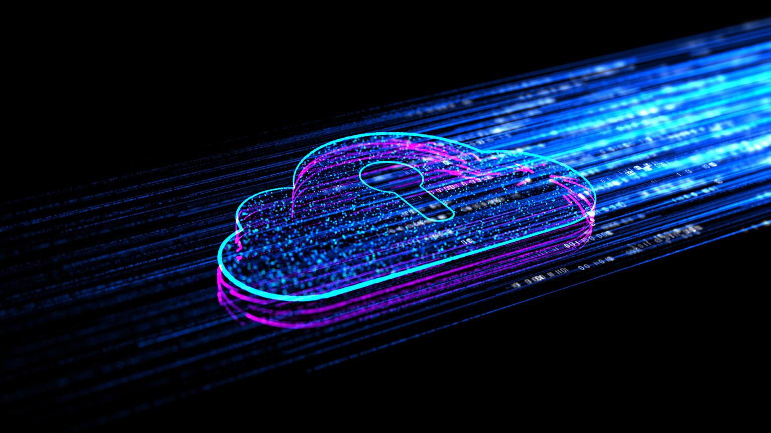 A key is carved in the center of a digital cloud, meaning security.