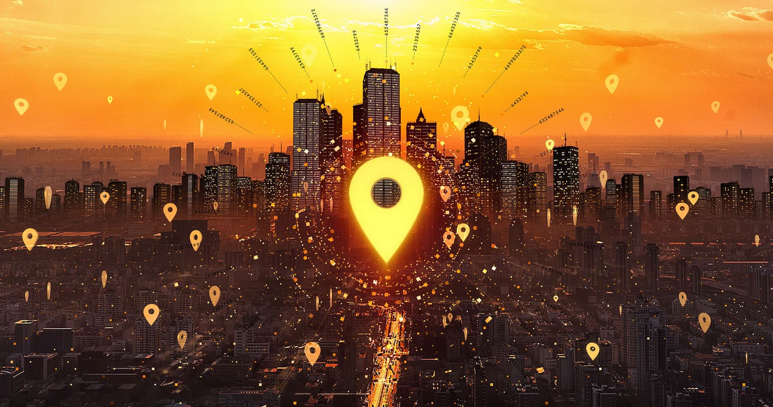 Map dots show different places in a city.